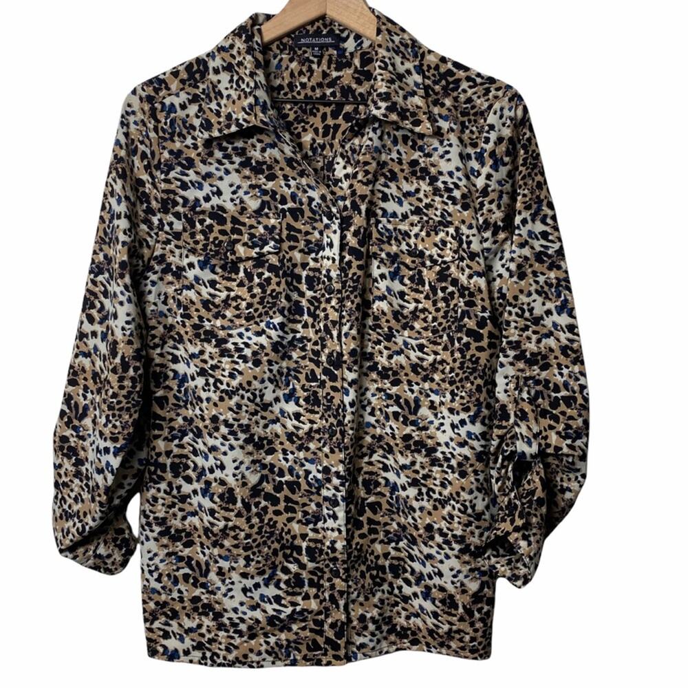 Notations Leopard Long Sleeve Black Brown Medium Button Down Polyester Blouse